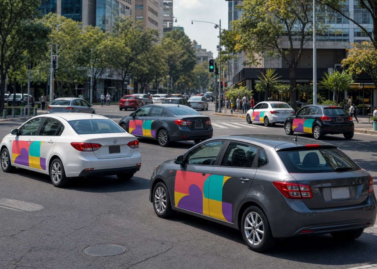 Flota de autos con calcomanías de Visiblee circulando por la Ciudad de México