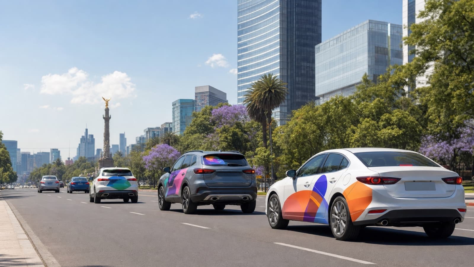 Autos con calcomanías publicitarias de Visiblee circulando por Paseo de la Reforma en la Ciudad de México